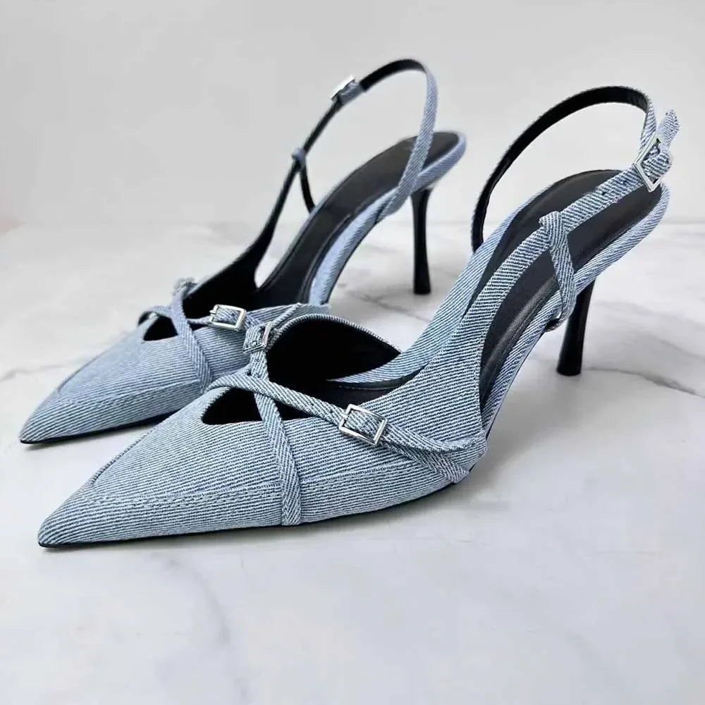 New 2024 Women's Shoes, High Heels, Denim Shallow Straps, Hollow Baotou Sexy Stiletto Fashion Sandals.