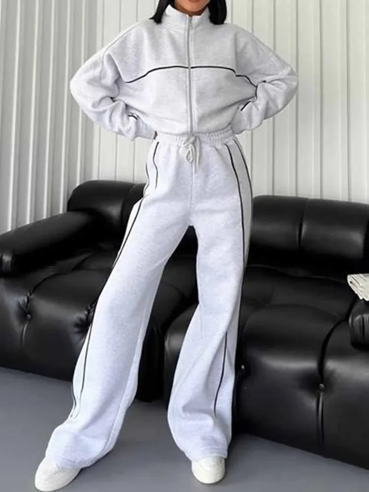 Suit Women's New Leisure Suit Long Sleeve Semi-high Neck Cardigan Sweater Lace-up Striped Trousers