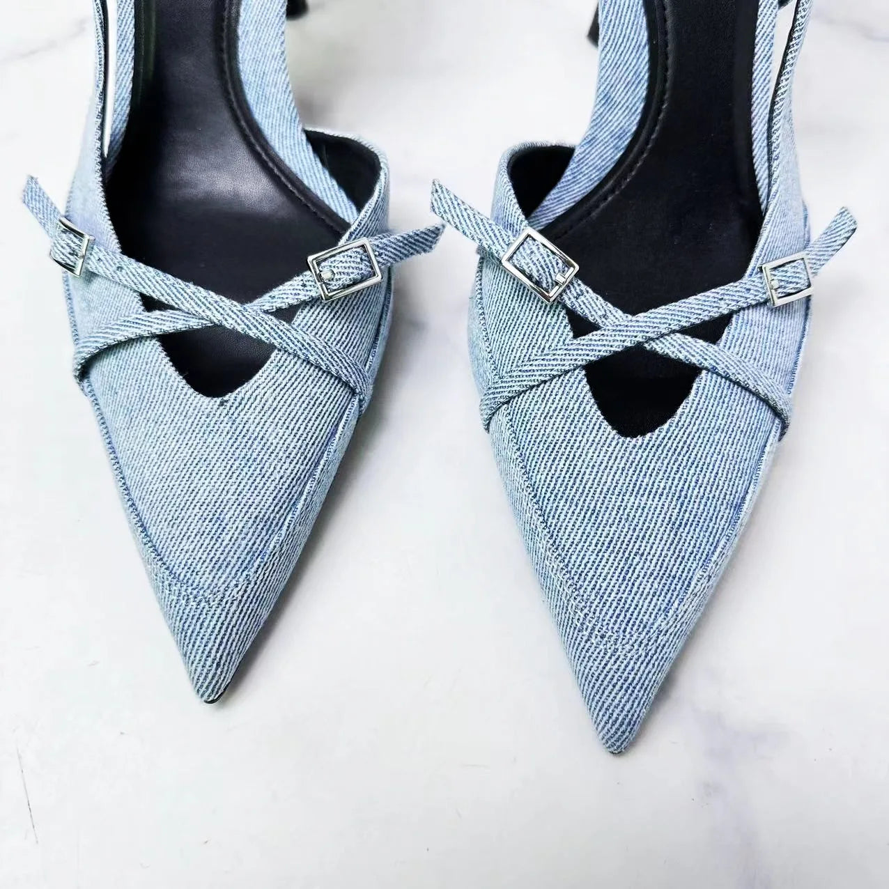 New 2024 Women's Shoes, High Heels, Denim Shallow Straps, Hollow Baotou Sexy Stiletto Fashion Sandals.
