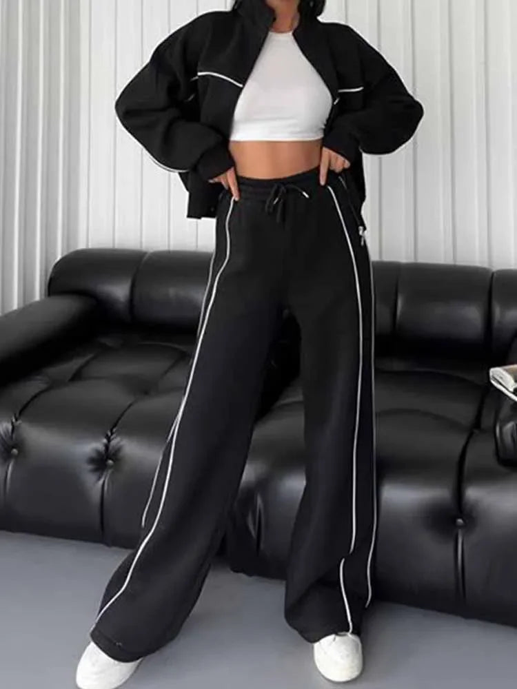 Suit Women's New Leisure Suit Long Sleeve Semi-high Neck Cardigan Sweater Lace-up Striped Trousers
