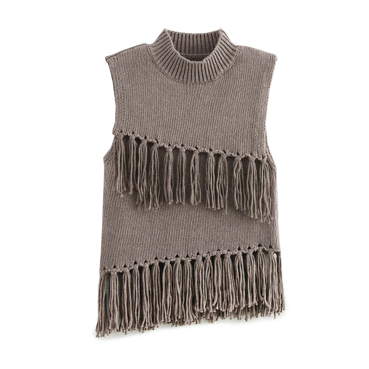 Women's new fashion tassel decoration casual asymmetrical vest style knitted top retro half high neck women's vest chic top