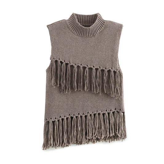 Women's new fashion tassel decoration casual asymmetrical vest style knitted top retro half high neck women's vest chic top