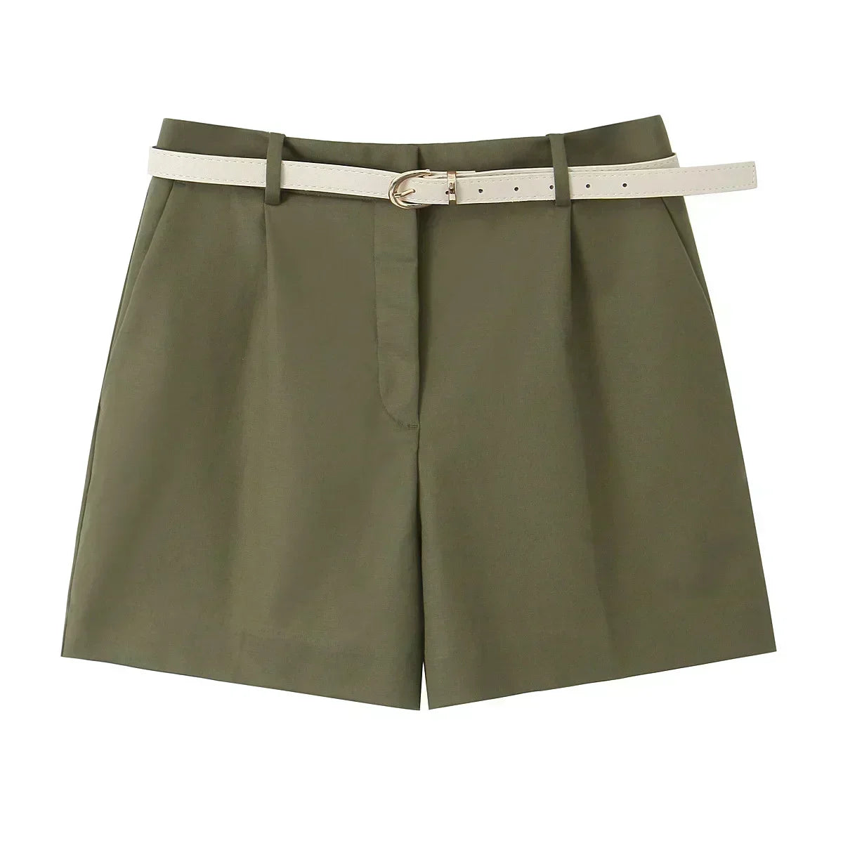 22 Women's 2024 New Chic Fashion Belt Decoration Casual Versatile Pleated Shorts Retro High Waist Side Pocket Women's Shorts