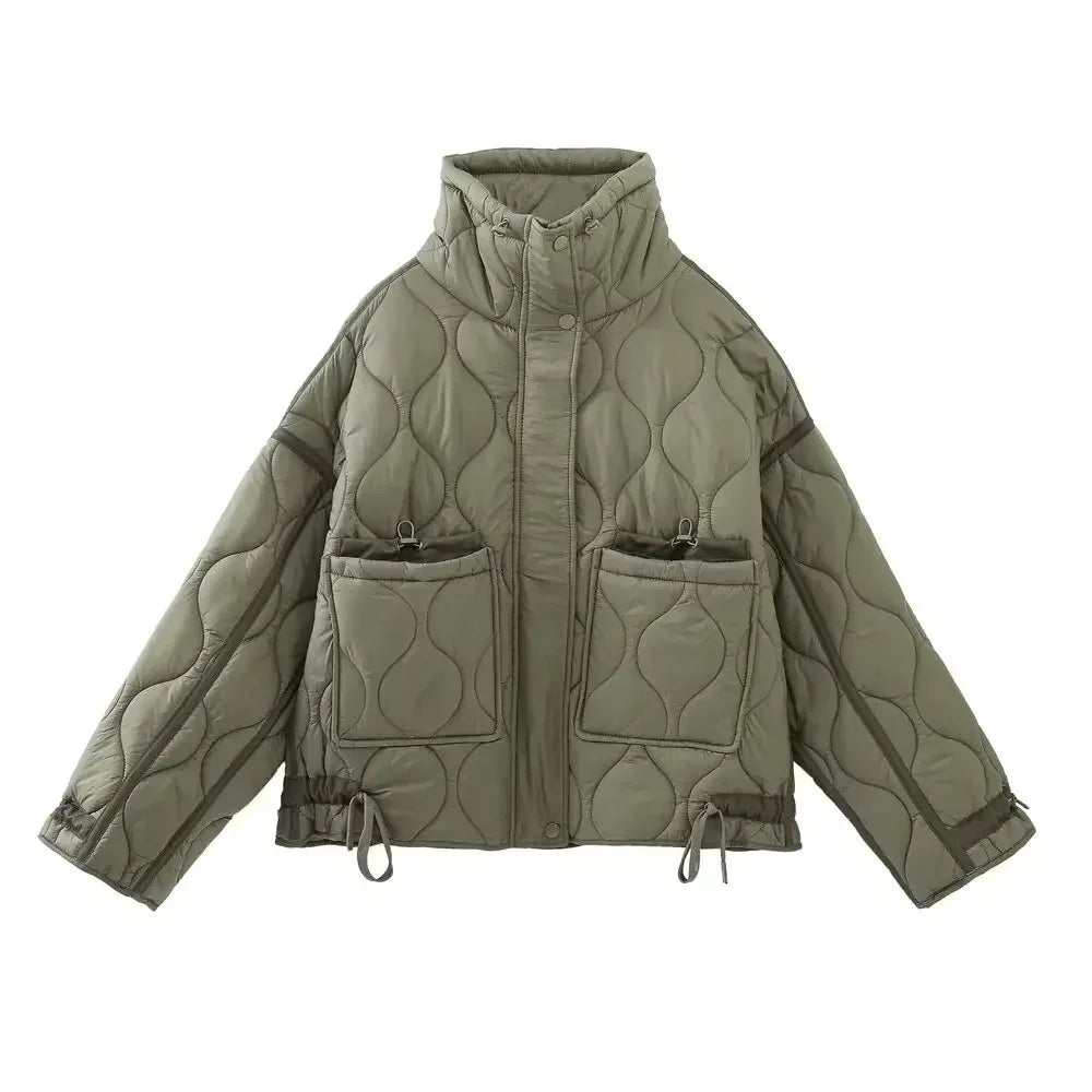 Women's winter fashion drawstring pocket decoration loose stand Neck cotton jacket Coat retro long sleeved women's coat chic top