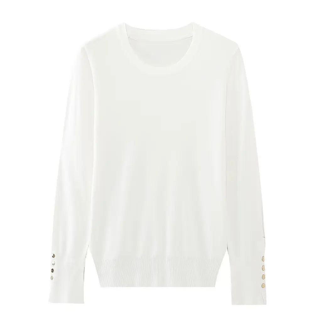 Women's new fashion gold button decoration casual versatile basic style knitted top retro long sleeved women's pullover chic top
