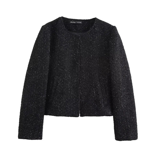 Ladies' new fashion bead decoration slim short O-Neck textured suit coat retro long sleeved side pocket women's coat chic top