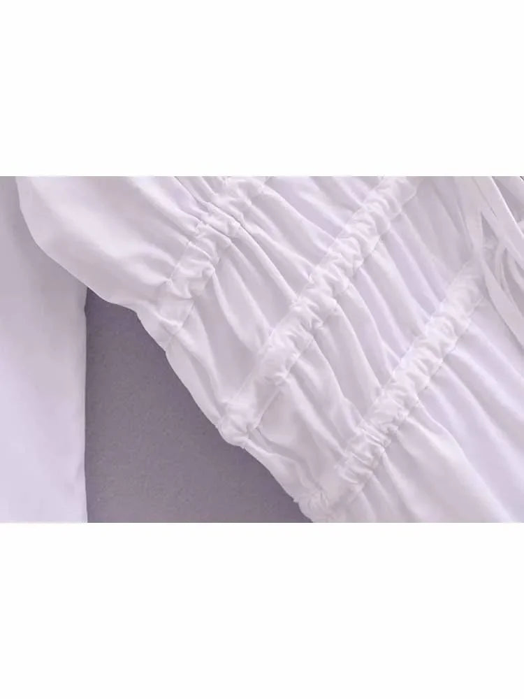 Women's new fashion trench fabric slim short pleated V-neck shirt retro long sleeved Lace up women's shirt chic top