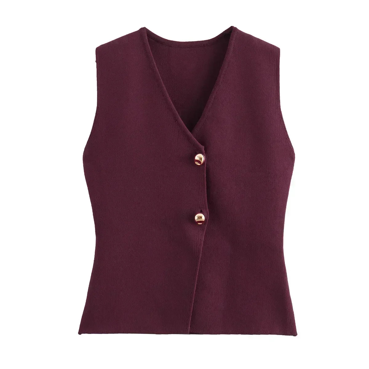 Women's 2024 new fashion gold button decoration slim V Neck vest style knitted top retro sleeveless women's vest chic top