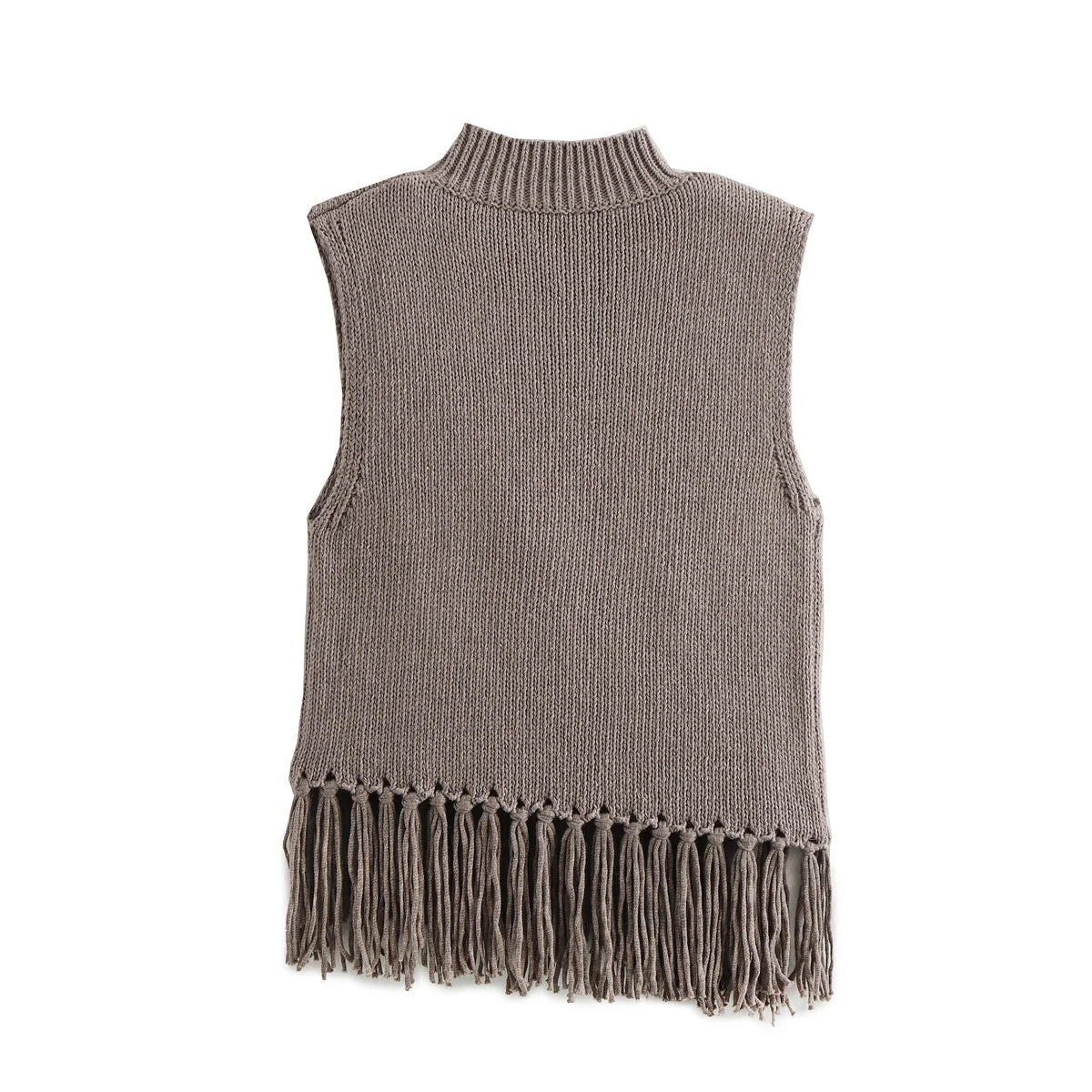 Women's new fashion tassel decoration casual asymmetrical vest style knitted top retro half high neck women's vest chic top