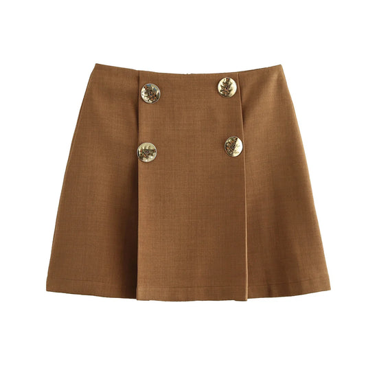 Women's new fashion gold double breasted decoration slim casual pleated mini skirt retro high waisted back zipper women's skirt