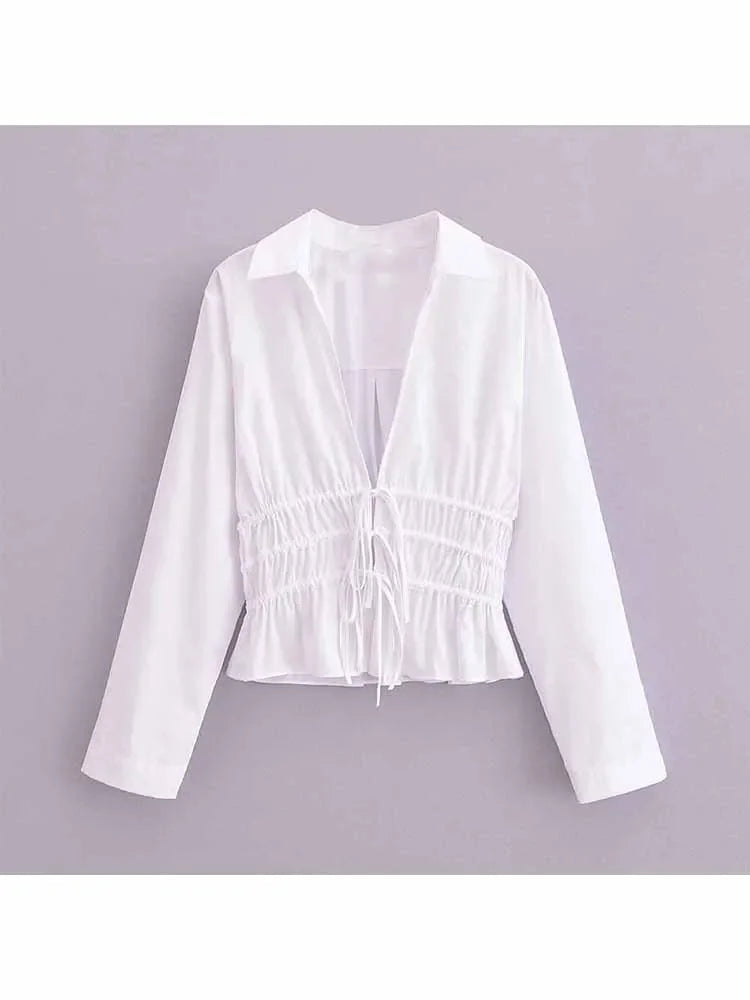 Women's new fashion trench fabric slim short pleated V-neck shirt retro long sleeved Lace up women's shirt chic top