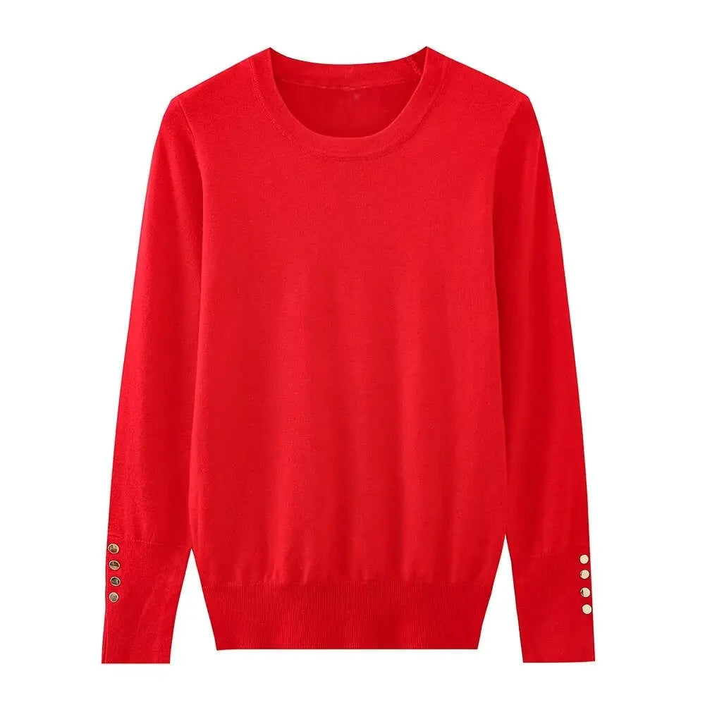 Women's new fashion gold button decoration casual versatile basic style knitted top retro long sleeved women's pullover chic top