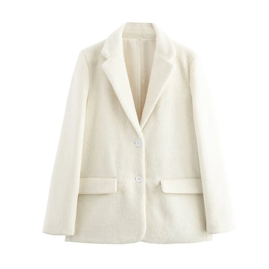 Ladies' new fashion flap decoration loose faux fur effect single breasted suit jacket retro long sleeved women's Coat chic top