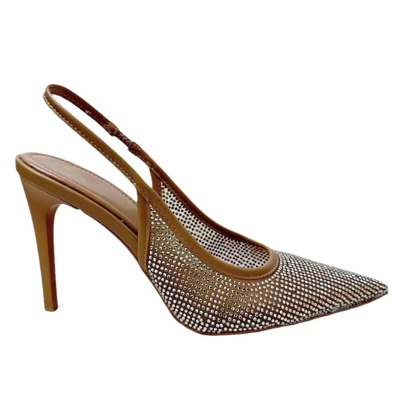 New 2024 Women's Fashion Women's Shoes Brown Fashion Bright Diamond Mesh With Pointed High-heeled Sandals Women.
