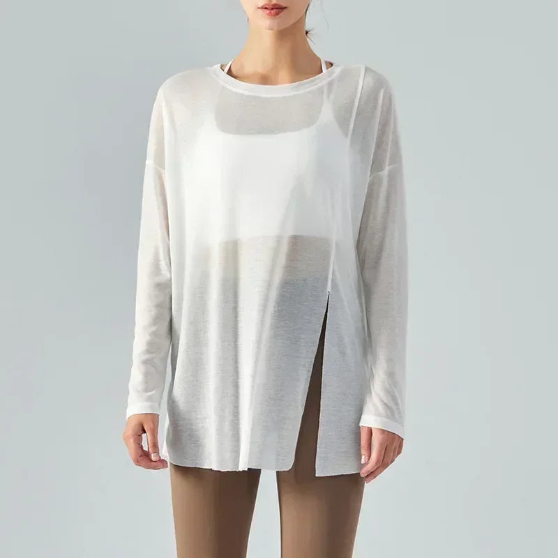 L Women's New One-sided Split Long-sleeved Yoga Blouses Women's Summer Light Sports Tops Loose Running Fitness Clothes