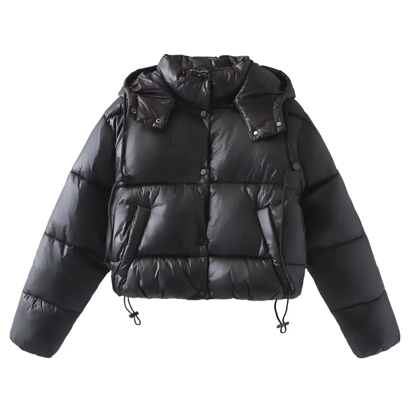 Women's winter fashion with drawstring short single breasted hooded cotton coat retro long sleeved pocket women's coat chic top