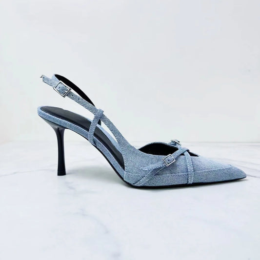 New 2024 Women's Shoes, High Heels, Denim Shallow Straps, Hollow Baotou Sexy Stiletto Fashion Sandals.