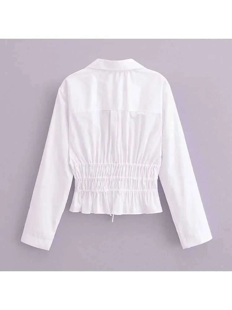 Women's new fashion trench fabric slim short pleated V-neck shirt retro long sleeved Lace up women's shirt chic top