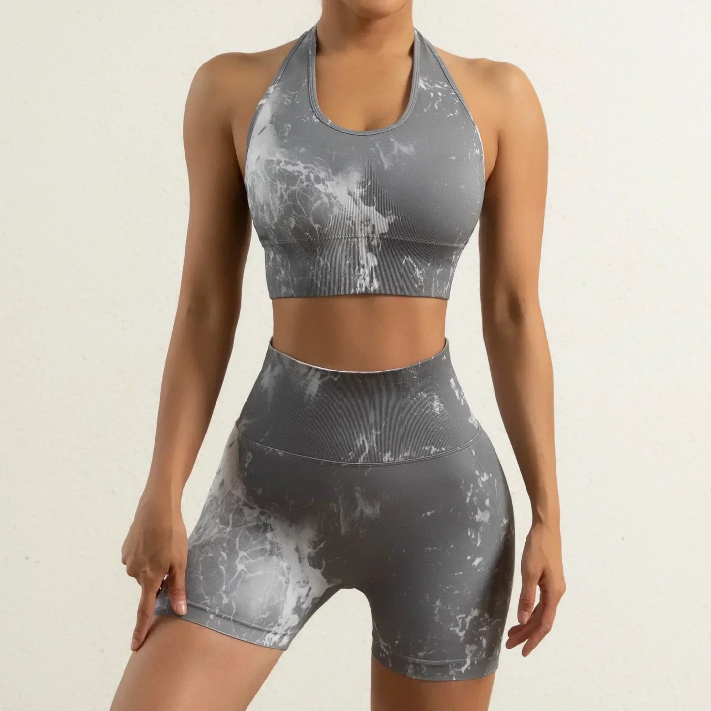 Women's New Seamless Yoga Clothes Fitness Suit High Waist Hip-lifting Fitness Pants Tie-dyed Sports Vest Running Shorts.