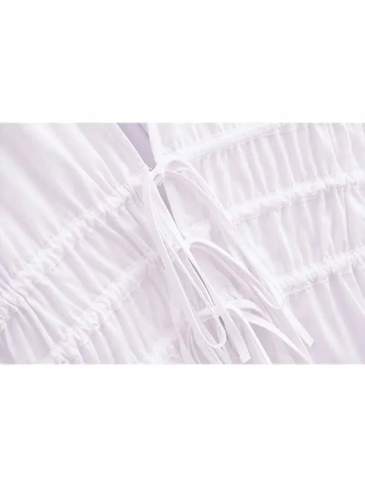 Women's new fashion trench fabric slim short pleated V-neck shirt retro long sleeved Lace up women's shirt chic top