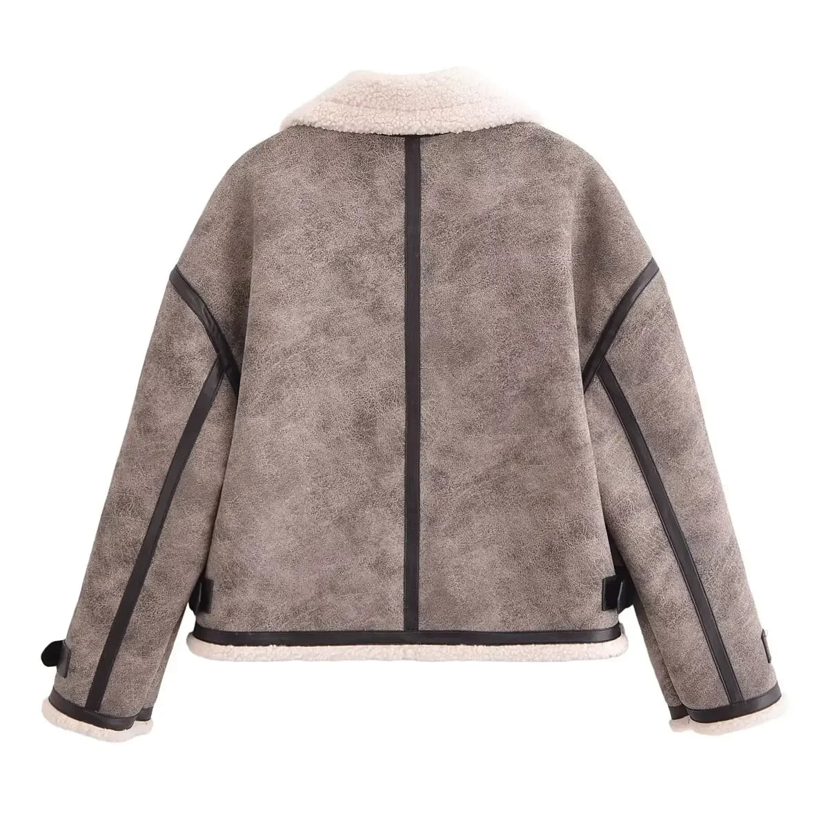 Women's Winter Fashion Casual Side Pocket Short Warm Fur Faux Leather Jacket Coat Retro Long Sleeve Zipper Women's Coat Chic Top