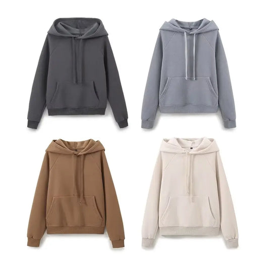 Ladies' new fashion washed effect loose basic style hooded sweatshirt Vintage long sleeved side pocket women's pullover chic top