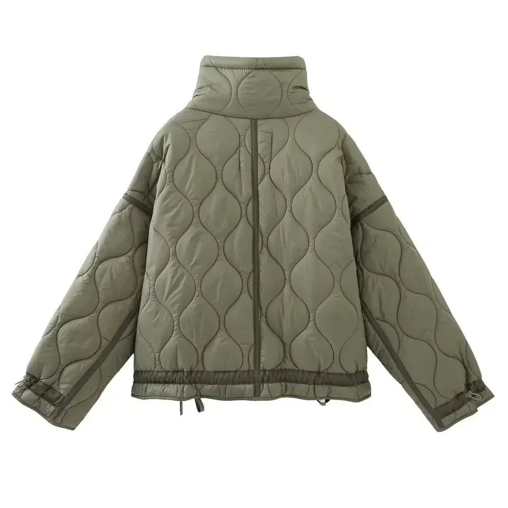 Women's winter fashion drawstring pocket decoration loose stand Neck cotton jacket Coat retro long sleeved women's coat chic top