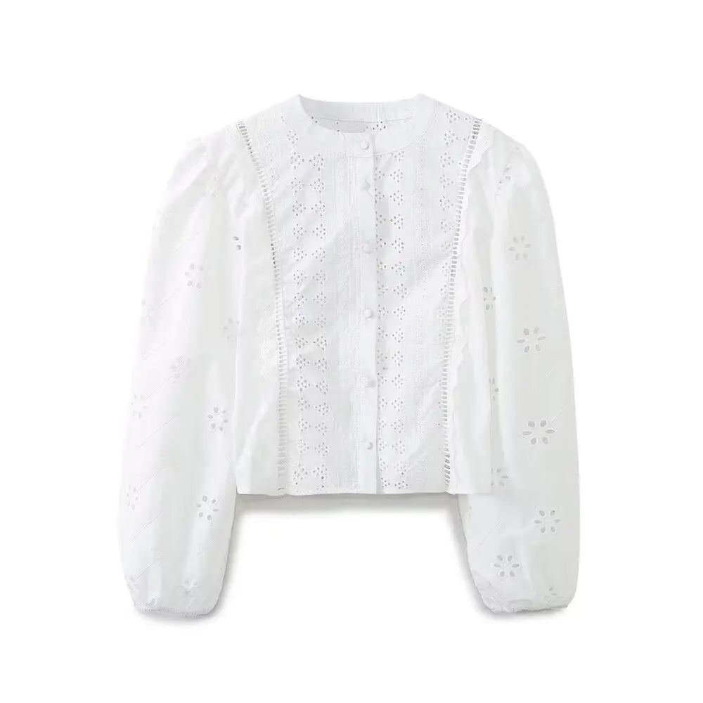 Women's new fashion slim short single breasted hollow embroidery shirt retro O-Neck long sleeved women's shirt chic top