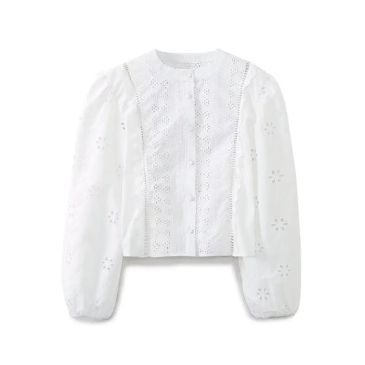 Women's new fashion slim short single breasted hollow embroidery shirt retro O-Neck long sleeved women's shirt chic top