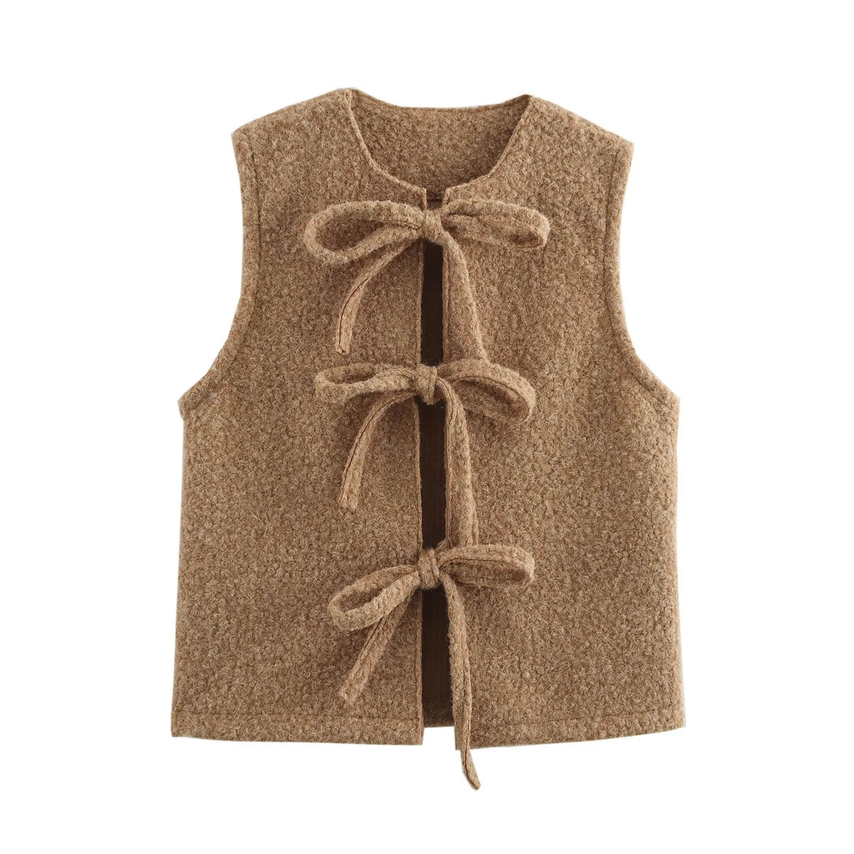 Women's new fashion bow Lace up decoration loose casual woolen vest coat retro O-Neck sleeveless women's vest chic top