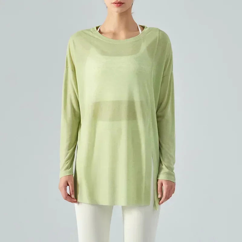 L Women's New One-sided Split Long-sleeved Yoga Blouses Women's Summer Light Sports Tops Loose Running Fitness Clothes