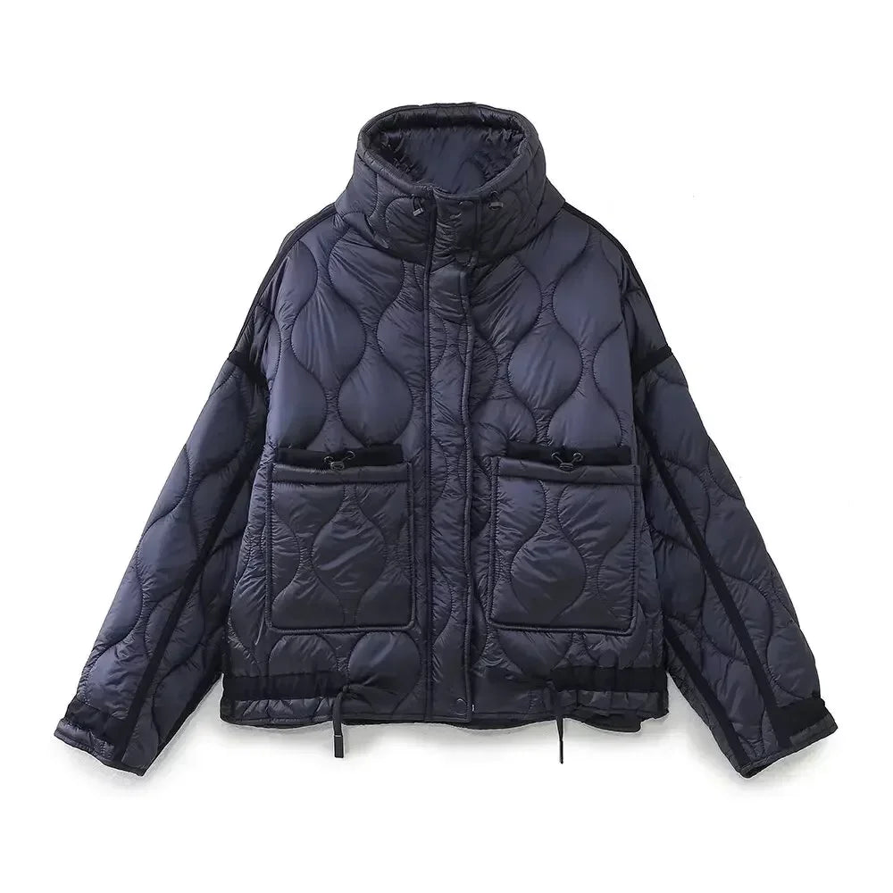 Women's winter fashion drawstring pocket decoration loose stand Neck cotton jacket Coat retro long sleeved women's coat chic top