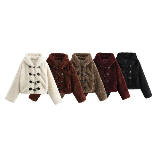 Women's winter fashion Knot button decoration short artificial fur effect hooded coat retro long sleeved women's coat chic top