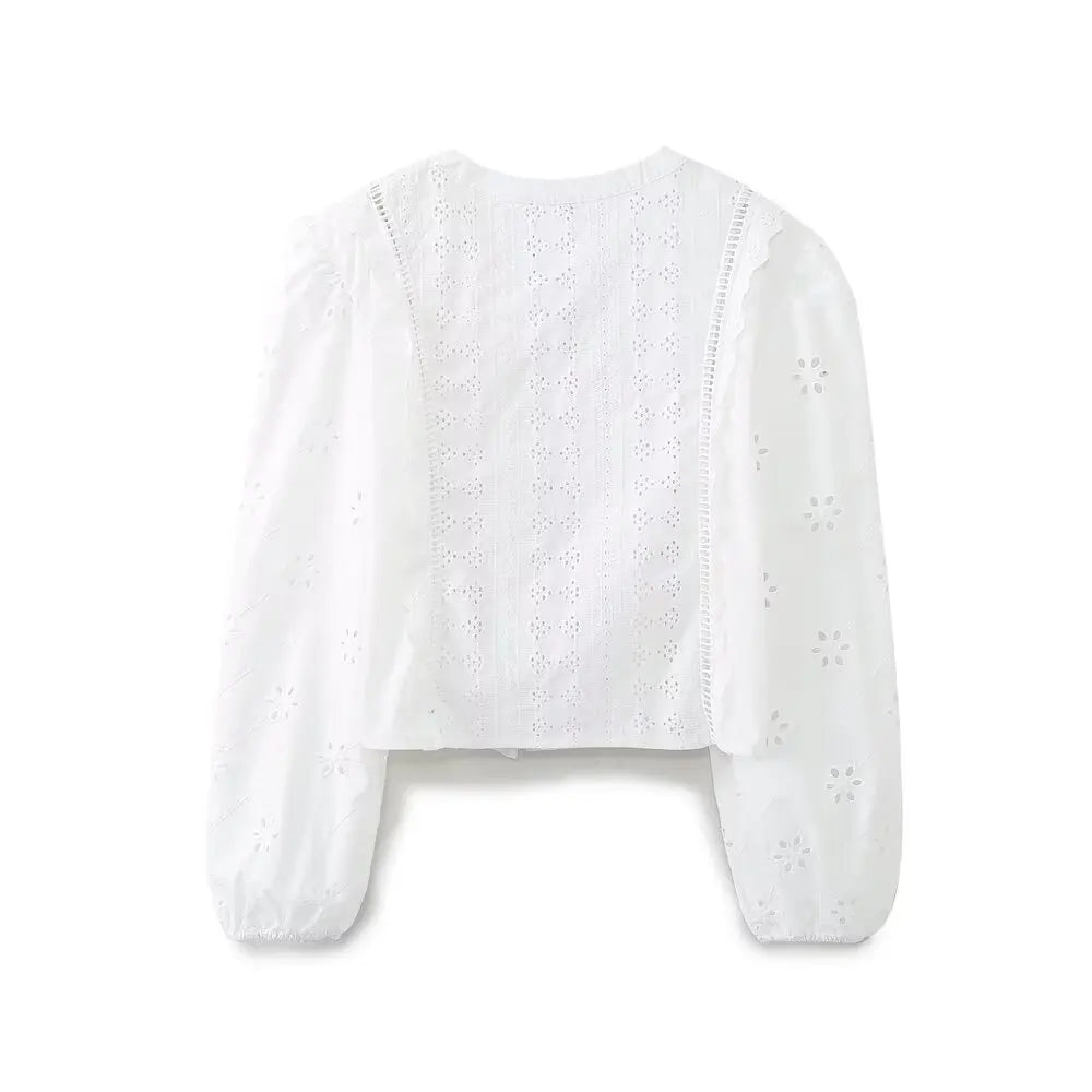 Women's new fashion slim short single breasted hollow embroidery shirt retro O-Neck long sleeved women's shirt chic top
