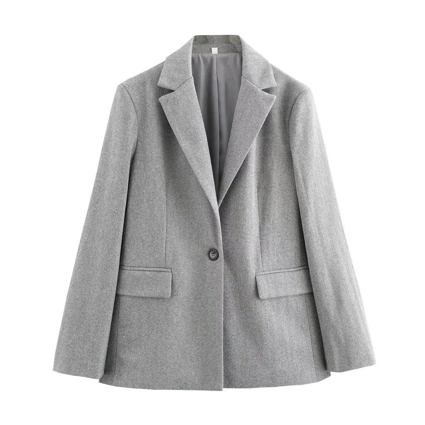 Ladies' 2024 new fashion flip decoration loose herringbone diagonal suit coat retro long sleeved button up women's coat chic top