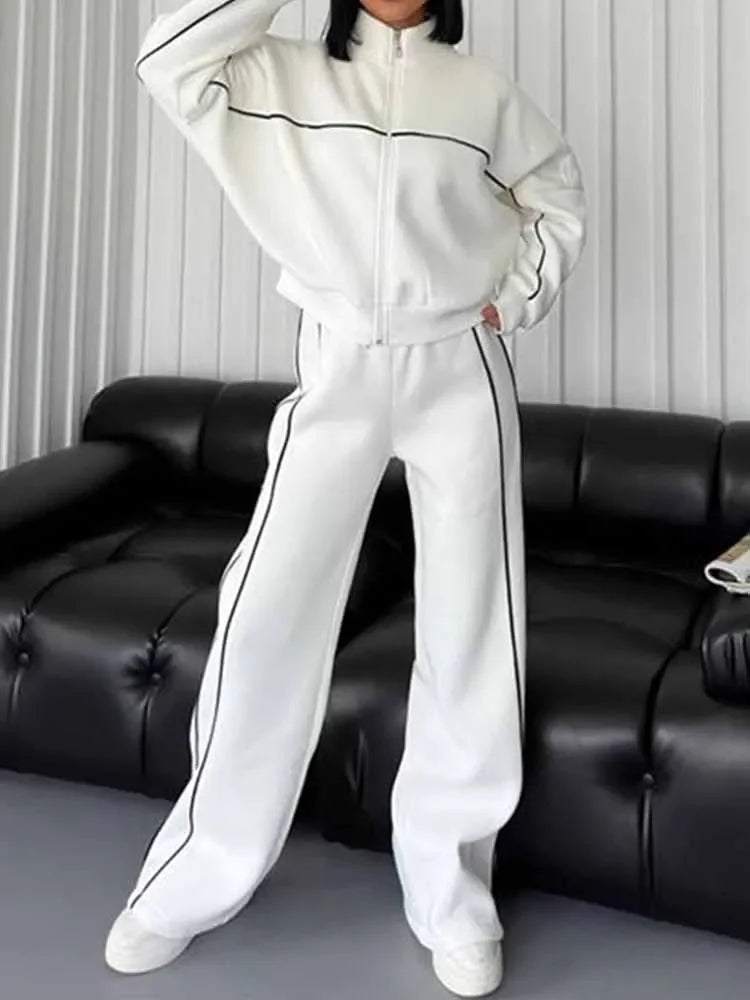 Suit Women's New Leisure Suit Long Sleeve Semi-high Neck Cardigan Sweater Lace-up Striped Trousers