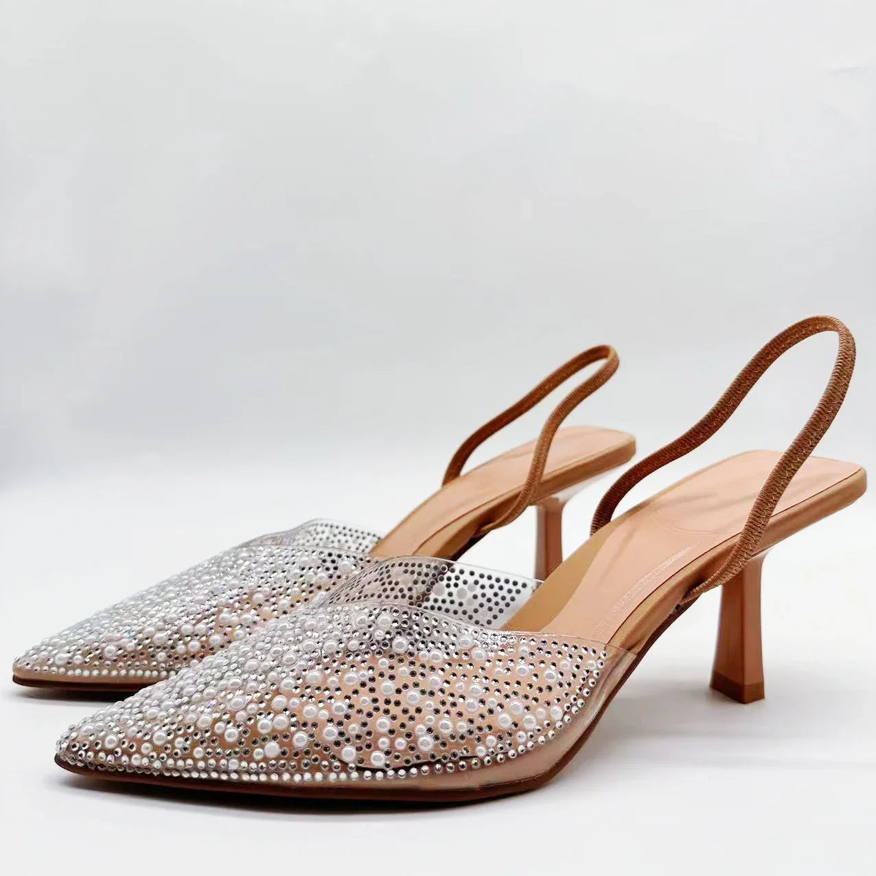 New 2024 Women's Shoes Brown Artificial Pearls With High Heels and Pointed Shoes Sandals Women