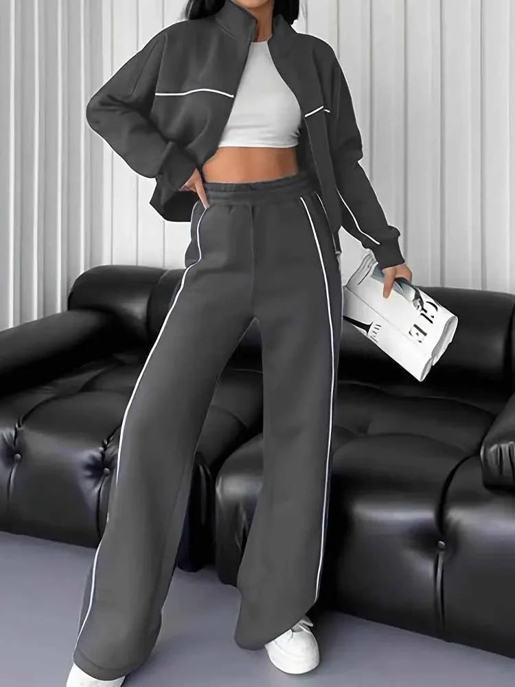 Suit Women's New Leisure Suit Long Sleeve Semi-high Neck Cardigan Sweater Lace-up Striped Trousers
