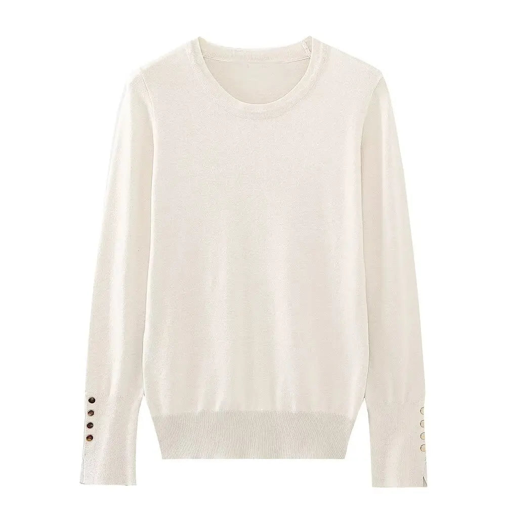 Women's new fashion gold button decoration casual versatile basic style knitted top retro long sleeved women's pullover chic top