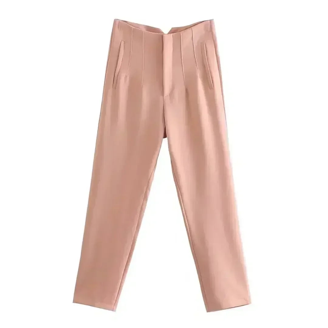 Women's Summer New Chic Fashion Side Pocket Decoration Casual Striped Pants Retro High Rope Zipper Women's Ankle Pants Mujer