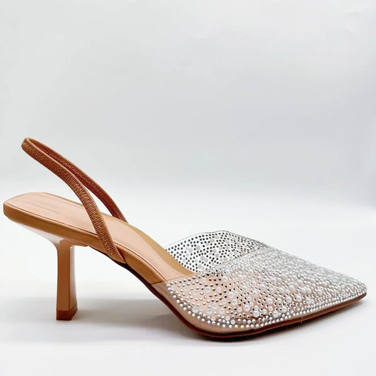 New 2024 Women's Shoes Brown Artificial Pearls With High Heels and Pointed Shoes Sandals Women