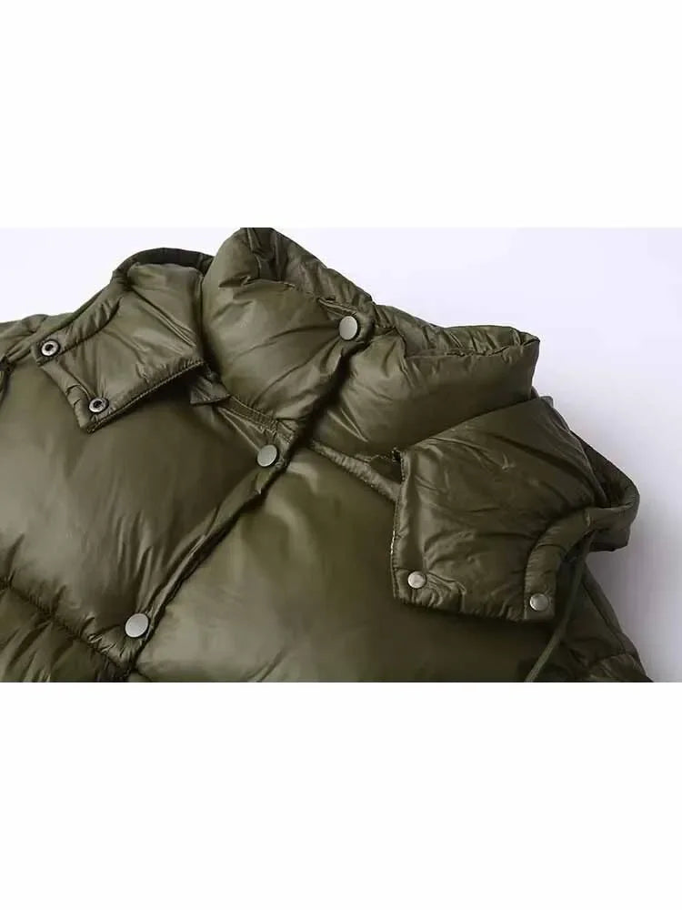 Women's winter fashion with drawstring short single breasted hooded cotton coat retro long sleeved pocket women's coat chic top