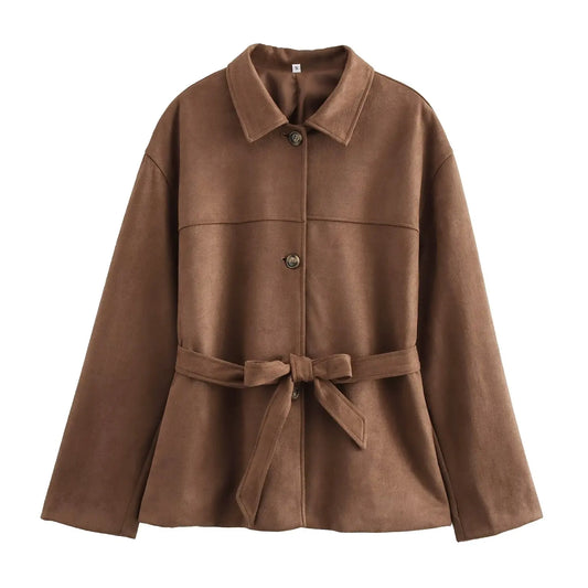 Ladies' new fashion with belt loose faux leather suede effect single breasted shirt coat retro long sleeved Female coat chic top