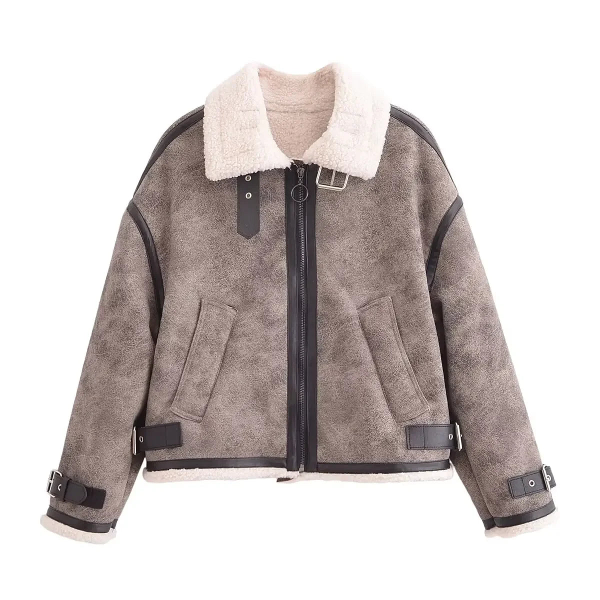 Women's Winter Fashion Casual Side Pocket Short Warm Fur Faux Leather Jacket Coat Retro Long Sleeve Zipper Women's Coat Chic Top