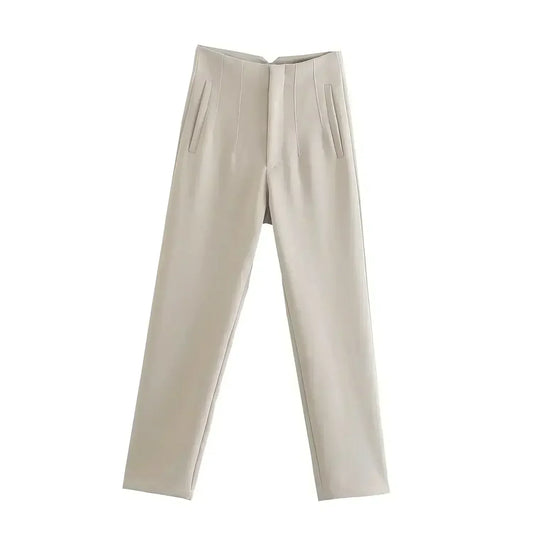 Women's Summer New Chic Fashion Side Pocket Decoration Casual Striped Pants Retro High Rope Zipper Women's Ankle Pants Mujer