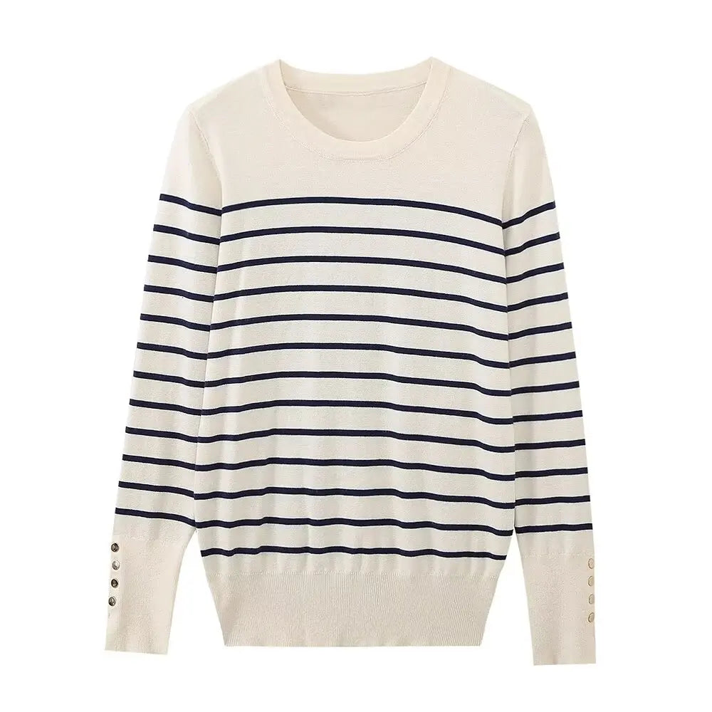 Women's new fashion gold button decoration casual versatile basic style knitted top retro long sleeved women's pullover chic top