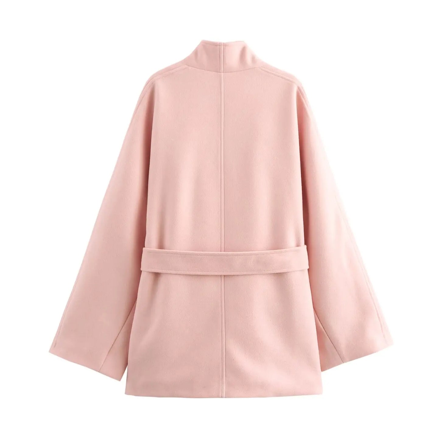 Ladies' new sweet Fashion bow belt decoration loose warm stand Neck woolen coat retro long sleeved pocket women's coat chic top