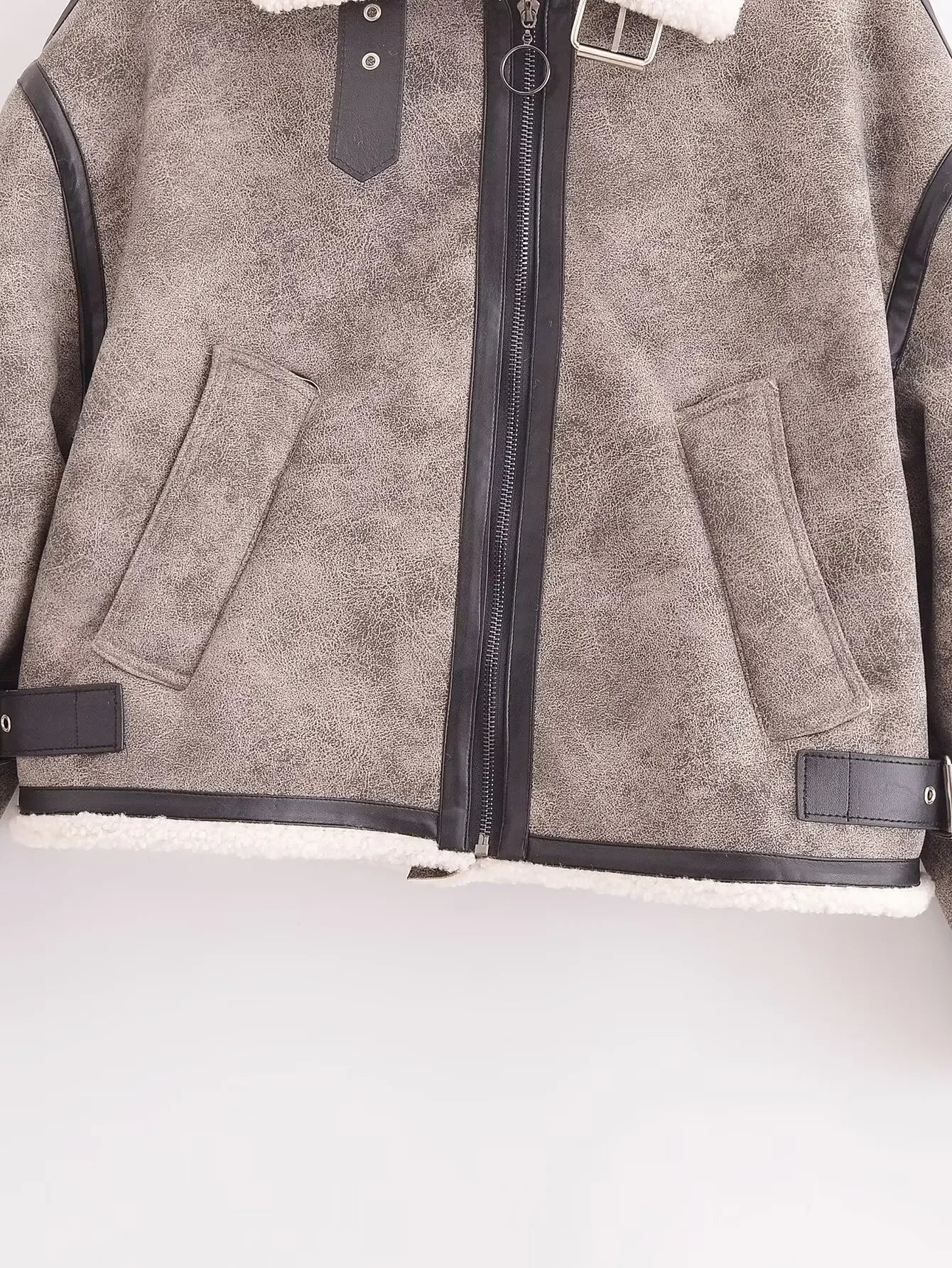 Women's Winter Fashion Casual Side Pocket Short Warm Fur Faux Leather Jacket Coat Retro Long Sleeve Zipper Women's Coat Chic Top