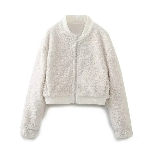 Women's 2024 new fashion faux fur effect short side pocket flying jacket coat retro long sleeved zipper women's coat chic top