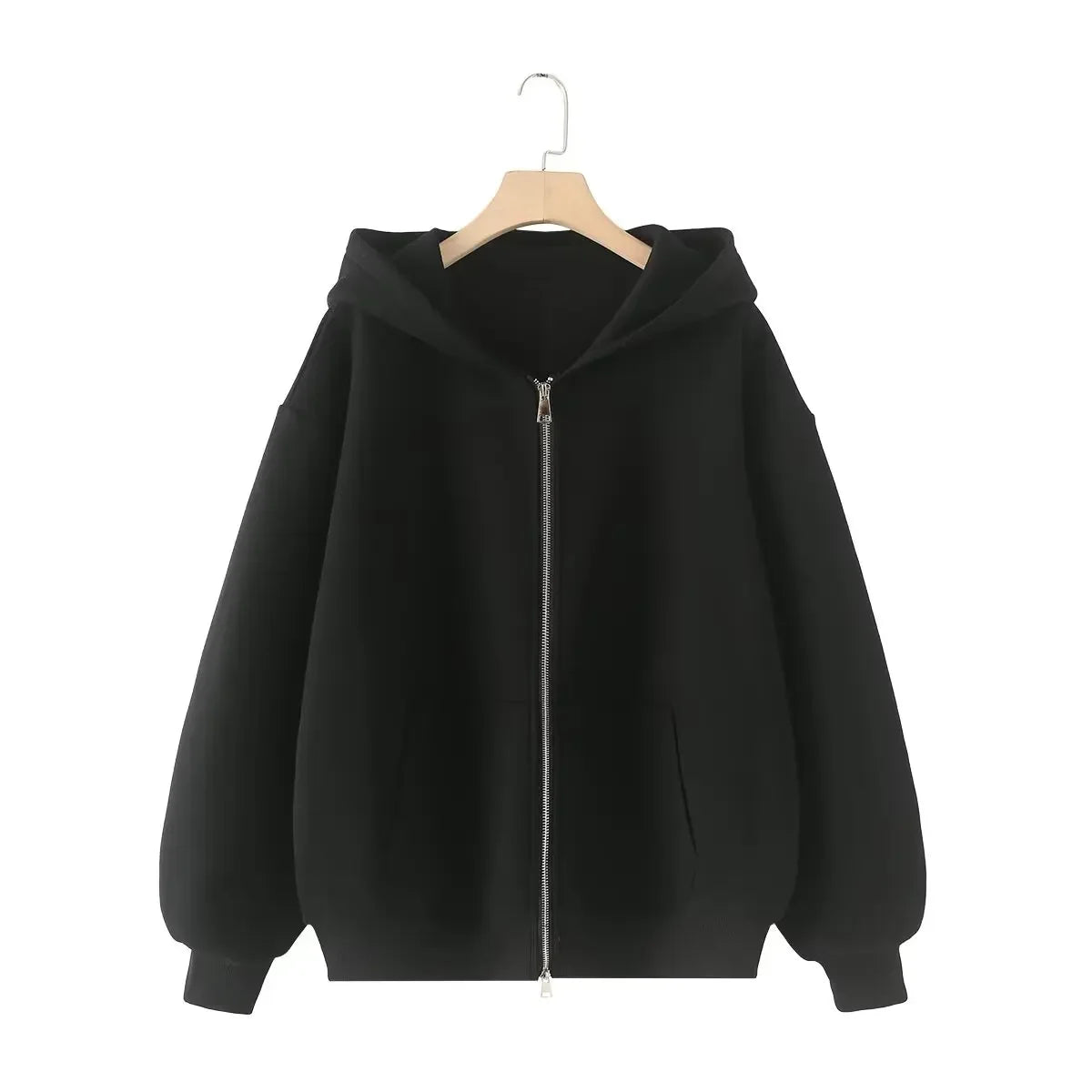Ladies' new fashion zipper decoration loose cotton blend hooded sweatshirt Retro long sleeved pocket women's pullover chic top